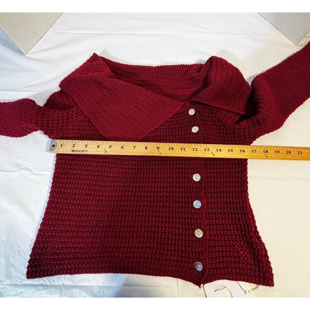 Commense Burgundy Knit Sweater Asymmetric Button Folded Collar Women's Medium - Picture 8 of 10